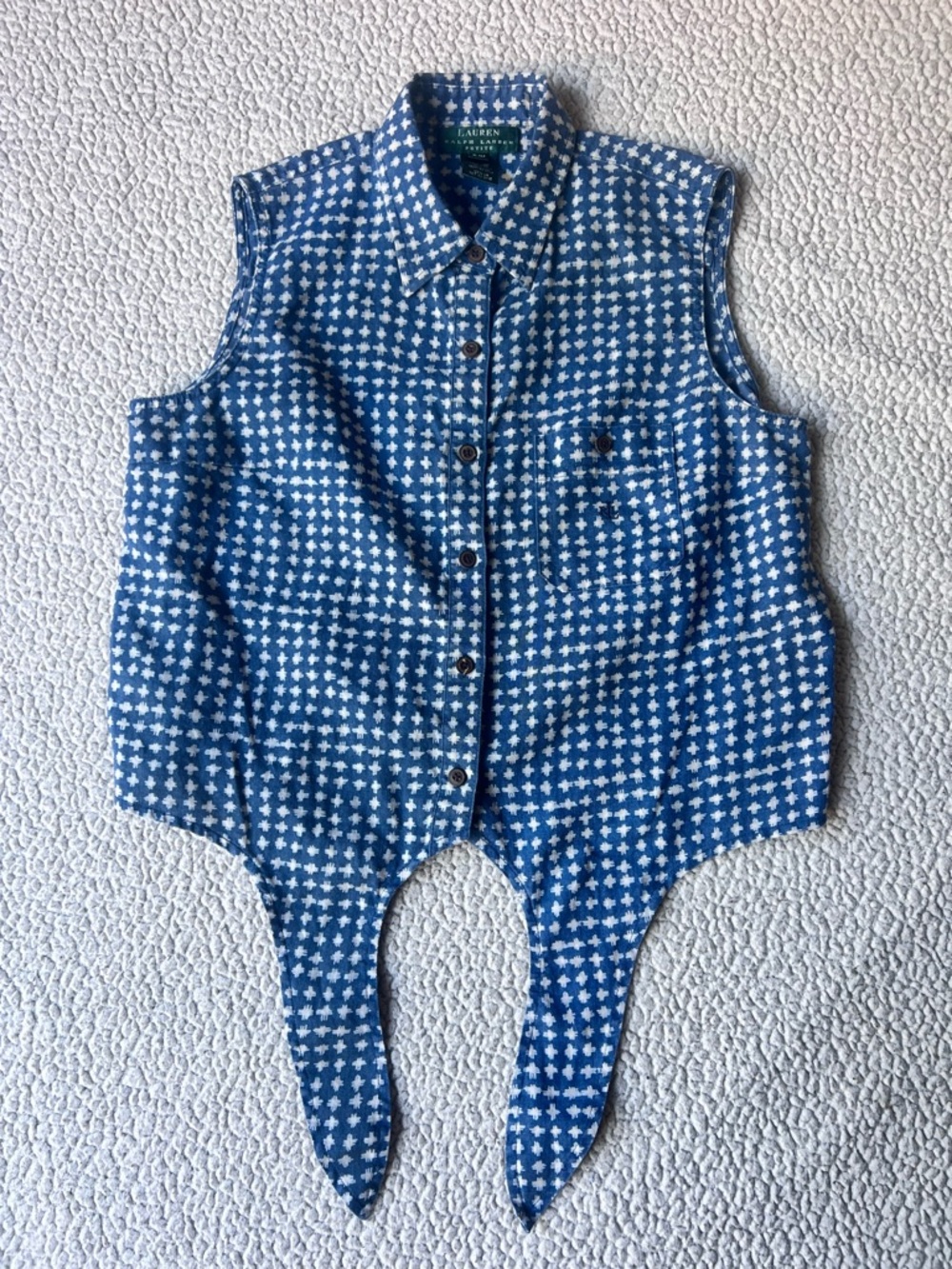 Lauren Ralph Lauren Navy Sleeveless Button-Down Shirt S 100% Linen Medium Petite
